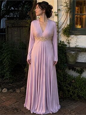 Vintage 70s Lilli Diamond California Blush Pink Lace Applique Empire Waist Maxi